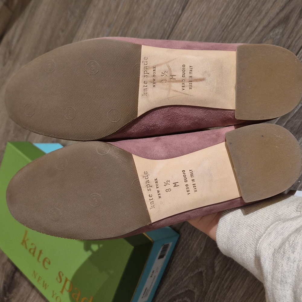 kate spade mauve pink suede scalloped ballet flats with pearl bow - Picture 5 of 10